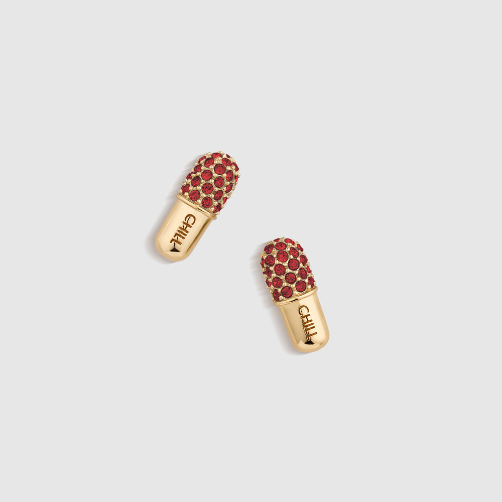 Gold Chill Pill Pavé Stud Earrings - Burgundy