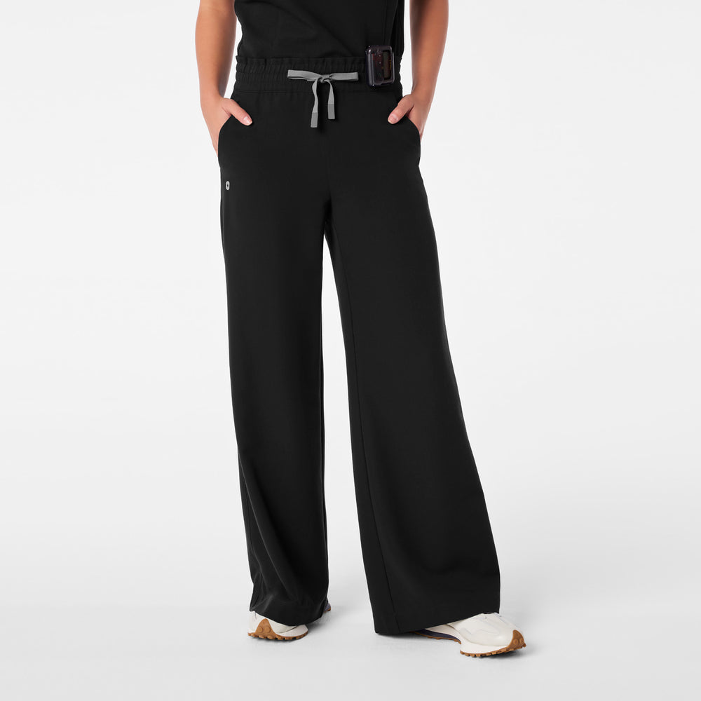 women's Black High Waisted Allison Ultra Wide Leg - Petite Scrub Pant