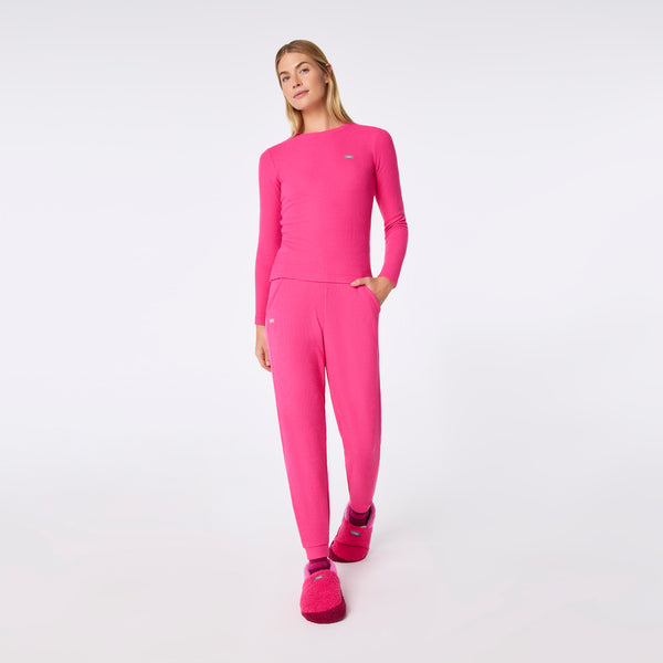 Women's Shocking Pink Off-Shift Waffle - Crewneck Top™