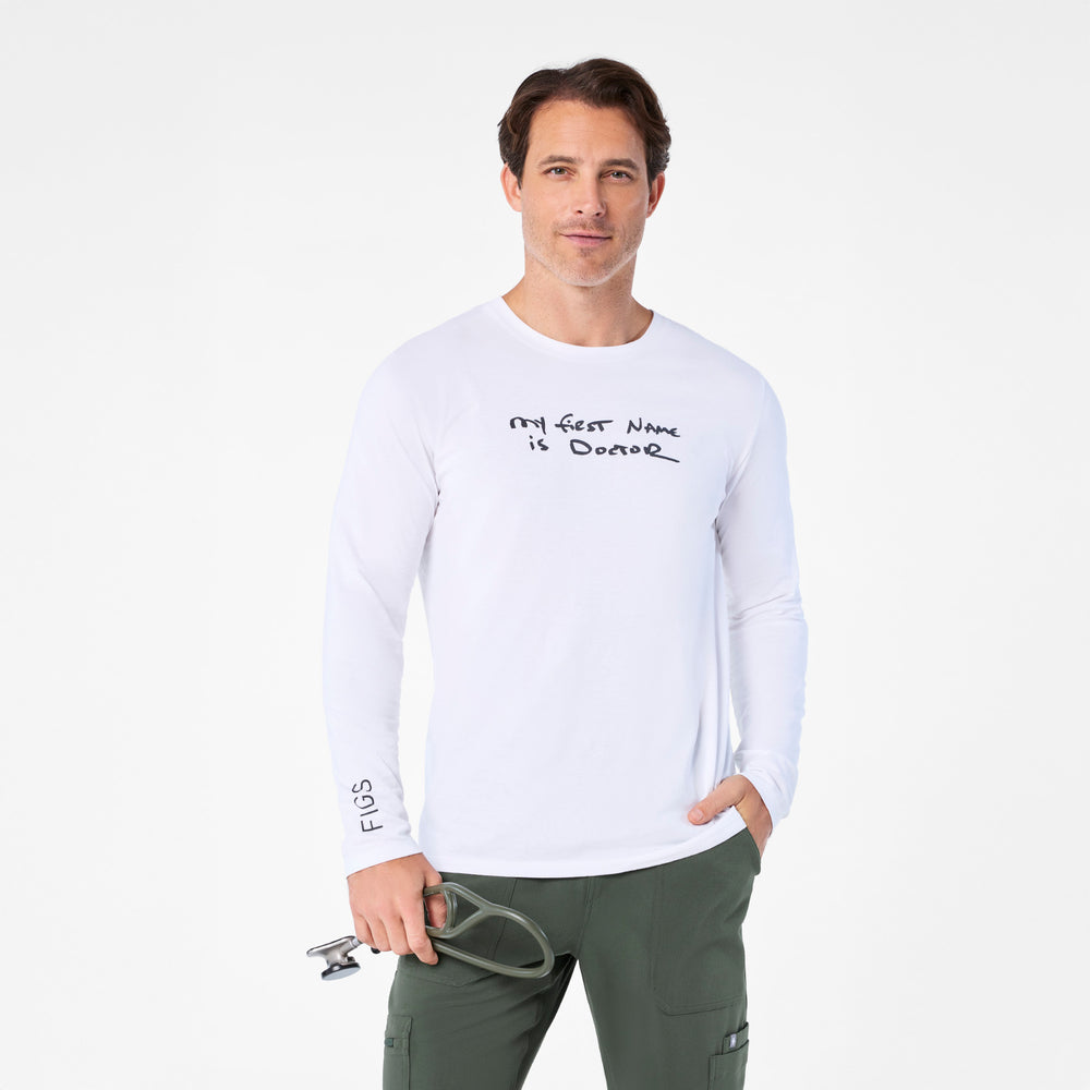Men's Optic White My First Name is Doctor - Long-Sleeve Underscrub
