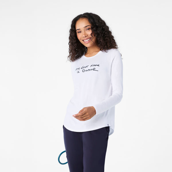 Women's Optic White My First Name is Doctor - Long-Sleeve Underscrub