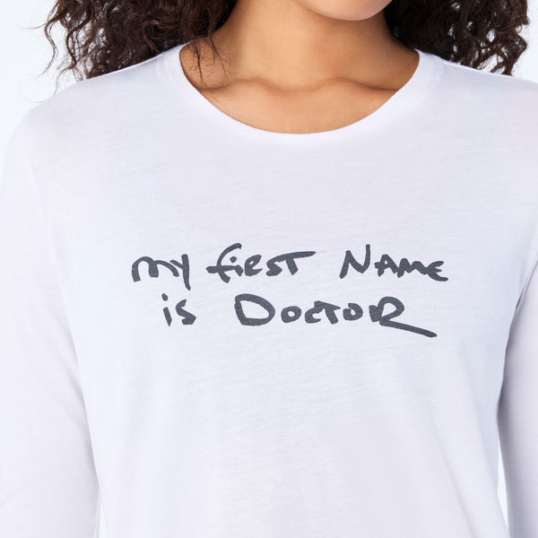 Women's Optic White My First Name is Doctor - Long-Sleeve Underscrub