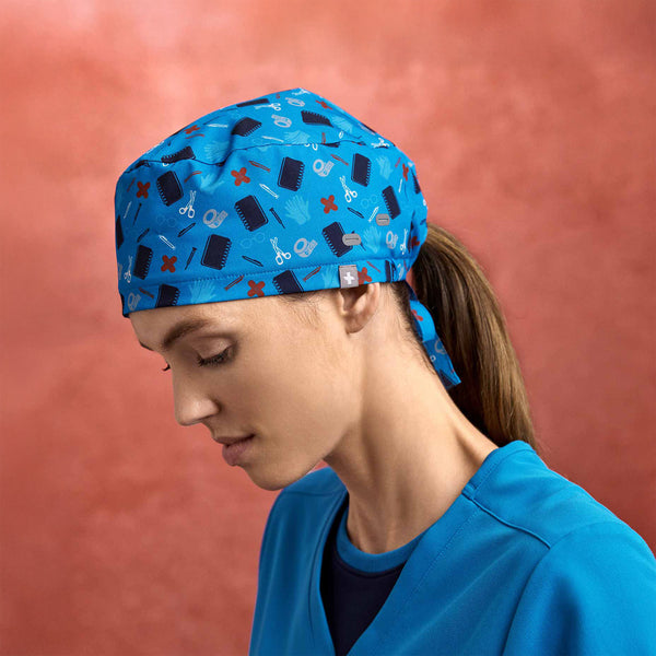 Blue Horizon Scrub In Print FIGS Scrub Cap With Buttonholes