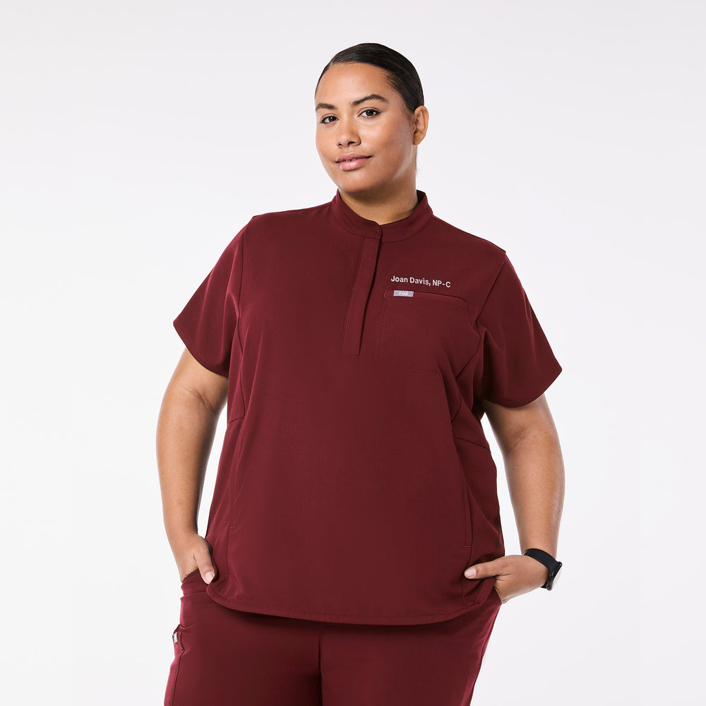 women's Burgundy Montex - Mock Neck Scrub Top (3XL-6XL)