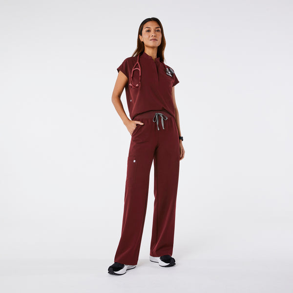 women's Burgundy High Waisted Isabel Wide Leg - Petite Scrub Pant