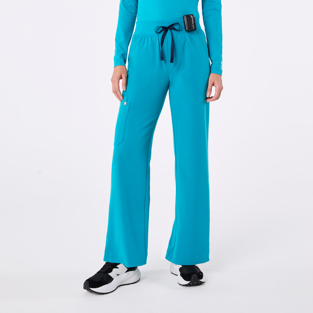 women's Teal High Waisted Isabel Wide Leg - Petite Scrub Pant